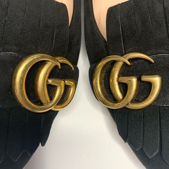 Gucci Marmont Flats GG Kiltie Fringe Suede Loafer Black Size EU 36.5 US 6.5 - Picture 9 of 11